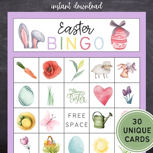 May include: A purple and white Easter Bingo card with 30 unique cards. The card features images of a bunny, carrot, poppy flower, lily, lamb, bunny holding an egg, a blue and white striped egg, grass, a heart, purple tulips, a straw hat, a butterfly, a watering can, a pink egg, a sun, and a basket of eggs.