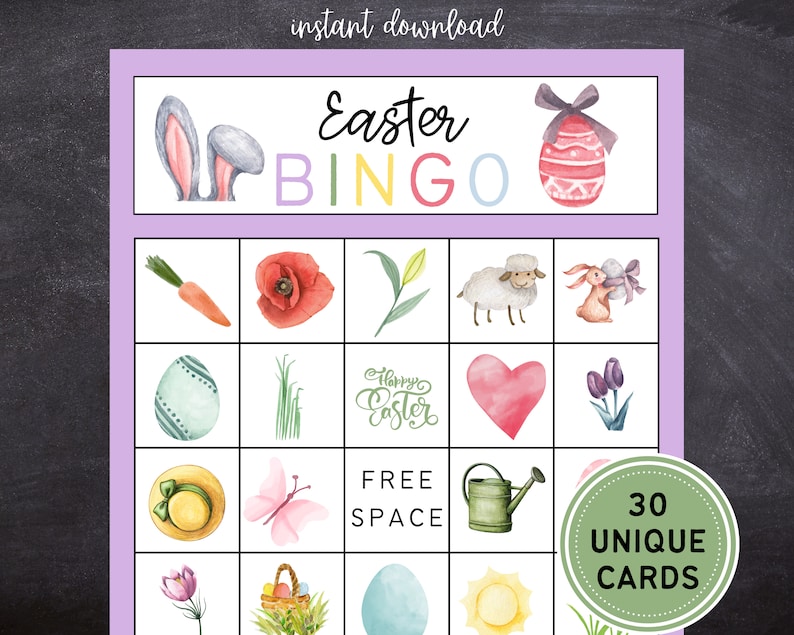 May include: A purple and white Easter Bingo card with 30 unique cards. The card features images of a bunny, carrot, poppy flower, lily, lamb, bunny holding an egg, a blue and white striped egg, grass, a heart, purple tulips, a straw hat, a butterfly, a watering can, a pink egg, a sun, and a basket of eggs.