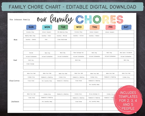 Printable Editable Weekly Family Chore Chart Family Planner Weekly  Household Calendar Family Routine Chart Kids Chore 612MD 