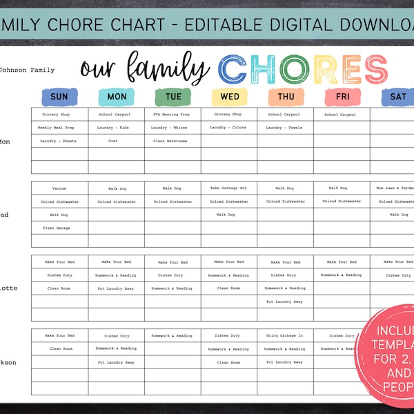 Printable Editable Weekly Family Chore Chart | Family Planner |  Weekly Household Calendar | Family Routine Chart | Kids Chore 612MD