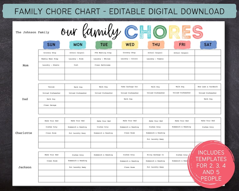 Printable Editable Weekly Family Chore Chart Family Planner - Etsy