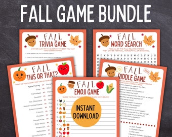 Puede incluir: Un conjunto de tarjetas de juego imprimibles con temática otoñal que presentan una variedad de juegos, que incluyen juegos de preguntas y respuestas, búsqueda de palabras, esto o aquello, emoji y juegos de adivinanzas. Las tarjetas están decoradas con ilustraciones de temática otoñal, como calabazas, bellotas y hojas.