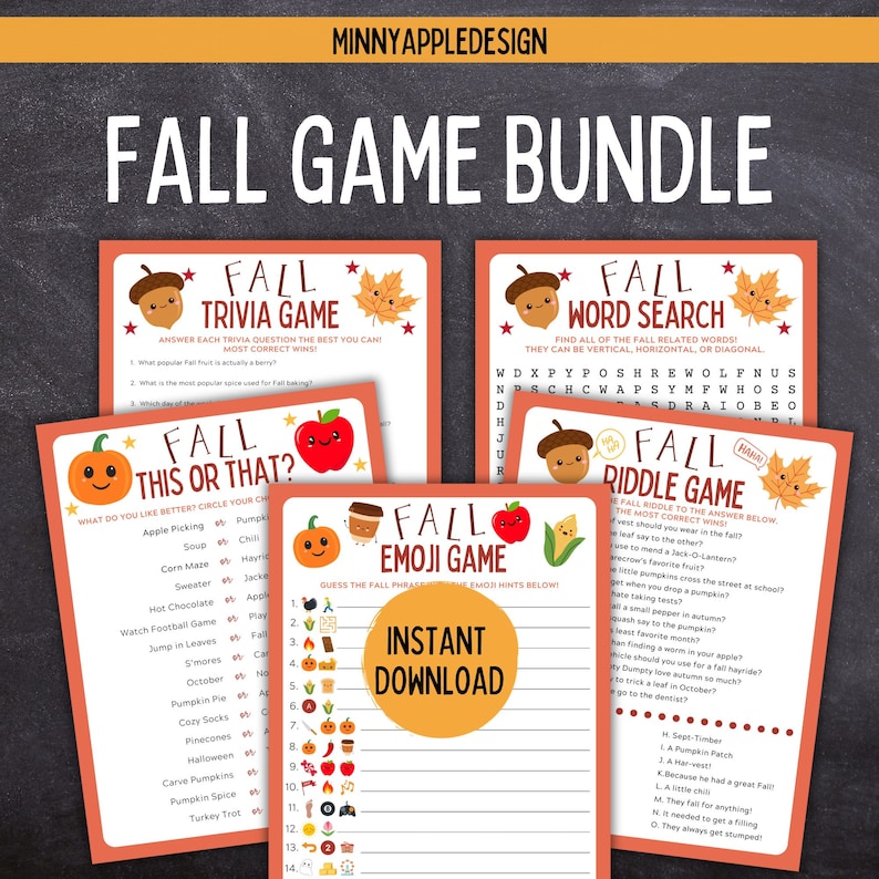 May include: A set of printable fall-themed game cards featuring a variety of games, including trivia, word search, this or that, emoji, and riddle games. The cards are decorated with fall-themed illustrations, such as pumpkins, acorns, and leaves.