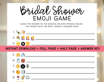 May include: A printable bridal shower game with emoji clues. The game instructs players to guess the answer to wedding-related phrases. The person with the most correct answers wins.