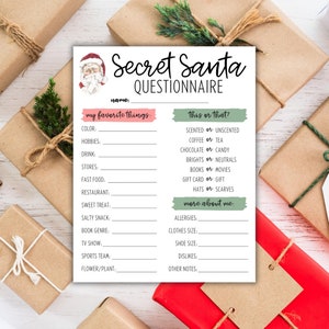 Printable Secret Santa Questionnaire Secret Santa for Coworkers Secret ...