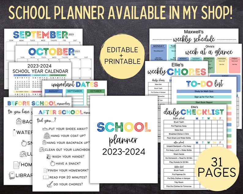May include: A colorful printable school planner with 31 pages. The planner includes a school year calendar, important dates, before and after school reminders, weekly schedules, chore charts, and to-do lists. The planner is editable and printable.