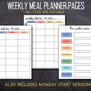 May include: Printable weekly meal planner pages with a colourful design. The pages are divided into sections for breakfast, lunch, dinner, and snacks. The text "This week's menu" is at the top of the page.