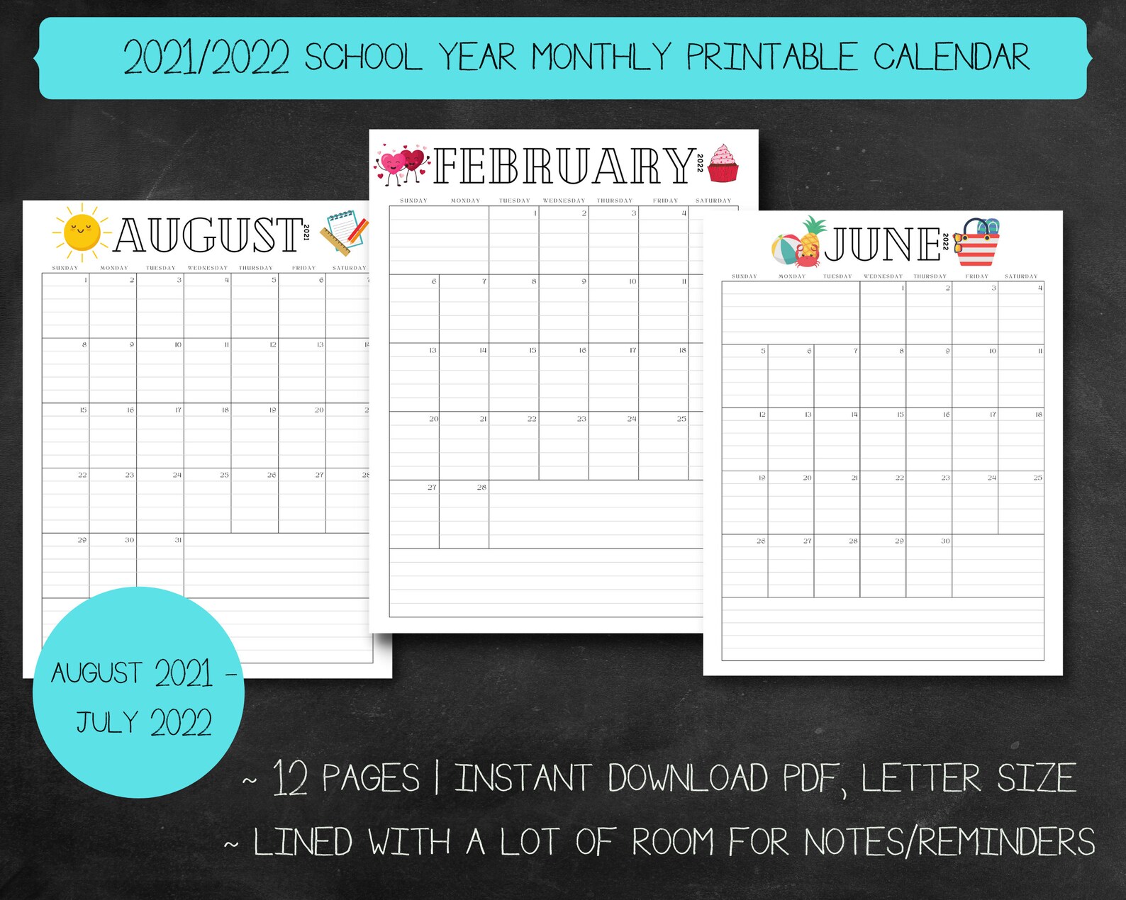 20212022 school year monthly lined printable calendar etsy
