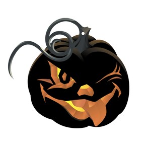 May include: A black jack-o'-lantern with a carved, grinning face and a single, winking eye. The pumpkin has a curly stem.