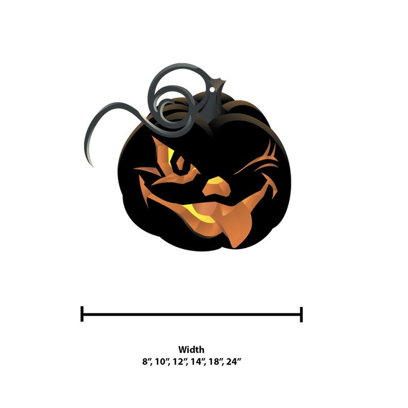 May include: A black and orange Halloween pumpkin carving pattern with a scary face. The pattern is available in sizes from 8 inches to 24 inches wide.
