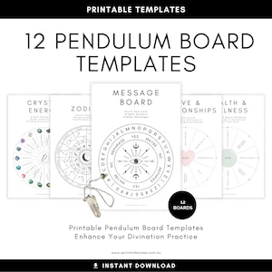 Puede incluir: Un conjunto de 12 plantillas imprimibles de tablero de péndulo con varios diseños, incluyendo energía de cristal, zodiaco y diseños de tablero de mensajes. Las plantillas están diseñadas para mejorar las prácticas de adivinación. El texto "Printable Pendulum Board Templates" está incluido.