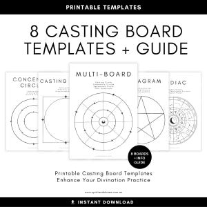 May include: Printable casting board templates with various designs, including concentric circles, a pentagram, and a zodiac wheel. The image includes the text "8 Casting Board Templates + Guide" and "Enhance Your Divination Practice."