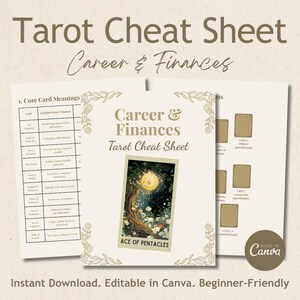 Puede incluir: Una hoja de trucos de tarot imprimible para la carrera y las finanzas, con la carta del As de Pentáculos. La hoja de trucos incluye una tabla con los significados principales de las cartas y una sección para interpretar las tiradas de cartas.