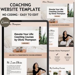 May include: A website template for a life coach, featuring a light pink background with a white and light brown patterned design. The text "Coaching Website Template" is in a large, bold font. The text "No Coding - Easy to Edit" is in a smaller font. The text "Made in Canva" is in a small font and is surrounded by a circle. The text "Olivia Thompson" is in a smaller font. The website template features a photo of a woman sitting on a sofa with a plant in the background. The text "Elevate Your Life: Coaching Courses by Olivia Thompson" is in a large, bold font. The text "Learn More" is in a smaller font. The website template also features a photo of a woman sitting on a sofa with a plant in the background. The text "Welcome to a Transformative Coaching Experience" is in a smaller font. The text "Hi, I am Olivia" is in a large, bold font. The text "I'm a certified life coach dedicated to helping individuals reach their full potential. With a passion for personal development and years of experience, I provide guidance and support on your journey to self-discovery and growth." is in a smaller font. The website template also features a photo of a woman sitting on a sofa with a plant in the background. The text "Choose Olivia Thompson?" is in a large, bold font. The text "Proven Results" is in a smaller font. The text "Our clients have experienced transformative changes." is in a smaller font. The text "Flexible Scheduling" is in a smaller font. The text "Sessions that fit your busy lifestyle." is in a smaller font. The text "My Coaching Courses" is in a large, bold font. The text "£125" is in a smaller font. The text "£125" is in a smaller font. The text "£125" is in a smaller font.