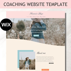 Peut inclure: Modèle de site Web pour coachs de vie, mettant en scène une femme en veste en jean sur un fond bleu clair. Le texte "Transform Your Life" est affiché en écriture cursive. Le site Web est propulsé par Wix.