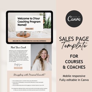 Puede incluir: Una plantilla de página de ventas para cursos y entrenadores, diseñada en Canva. La plantilla presenta un fondo rosa claro con una tableta blanca que muestra un sitio web de coaching. El sitio web tiene un fondo marrón claro con un encabezado blanco que dice "¡Bienvenido a [Tu programa de coaching Nombre]!" El sitio web también presenta una foto de una mujer sonriente con el texto "Conoce a tu entrenador" y "¿Luchando con el crecimiento personal?"