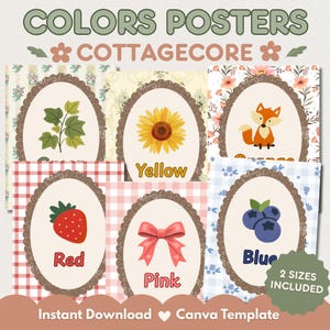 Cottagecore Classroom Decor Color Posters, Editable Canva Template, Printable Colors Chart, Preschool Kindergarten Teacher Resources