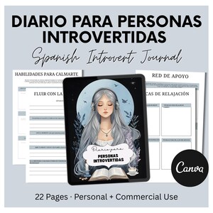 Puede incluir: Un diario digital titulado "Diario Para Personas Introvertidas" con el subtítulo en inglés "Spanish Introvert Journal". La portada presenta una ilustración de una mujer con pelo largo gris, auriculares y un libro. El diario incluye 22 páginas y es para uso personal y comercial.