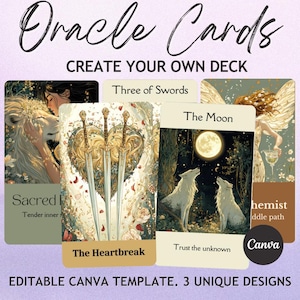 Puede incluir: Imagen de cartas de oráculo con el texto "Oracle Cards" y "CREATE YOUR OWN DECK". Las cartas presentan ilustraciones de un león, tres espadas y lobos. También está presente el texto "EDITABLE CANVA TEMPLATE. 3 UNIQUE DESIGNS".