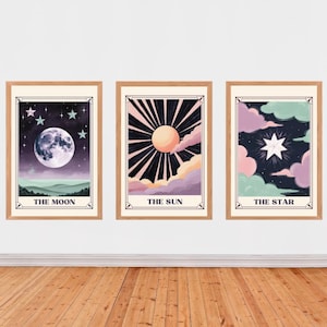 Boho Tarot Art Prints, Set of 3 The Sun The Moon The Star, Digital Download for Home Decor, Celestial Wall Art