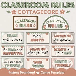 May include: A set of classroom rules signs featuring sage green, terracotta, and cream colors with gingham patterns. The text includes CLASSROOM RULES, COTTAGECORE, and phrases like Share with others, Work QUIETLY, and LISTEN TO the speaker.