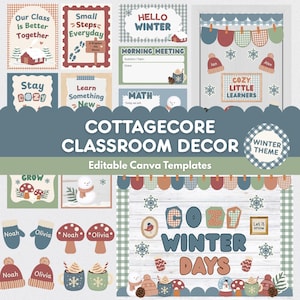 Winter Cottagecore Classroom Decor Bundle, Editable Canva Bulletin Board, Door Decor, Posters, Slides, Teacher Newsletter Templates