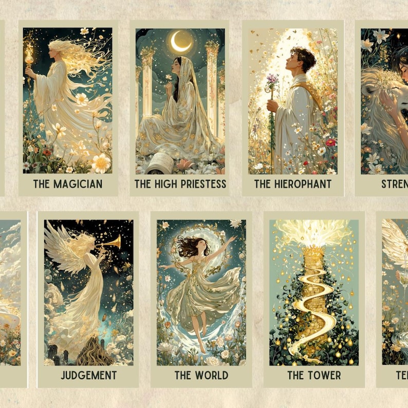 Printable Tarot Deck Botanical Alchemy theme Art Nouveau Style Tarot Cards Digital Download Canva Template and Commercial Use