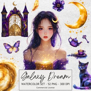 Puede incluir: Ilustración digital de acuarela con temática de galaxia, que presenta a una mujer con cabello púrpura, una luna creciente y varios elementos celestiales. La imagen incluye una mariposa, un gato, una tetera, una llave y el texto "Galaxy Dream".