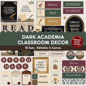 Puede incluir: Una colección de decoración para el aula imprimible con temas de dark academia, que incluye carteles con textos como "The harder you work, the luckier you get", "Great minds read", "Birthdays", "Our voice levels" y "Dark academia classroom decor".