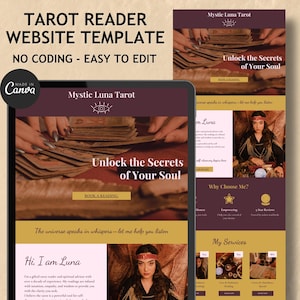 Tarot Reader Website Template for Psychics & Healers Editable Canva Landing Page for Spiritual Coaches SEO-Friendly Tarot Business Design