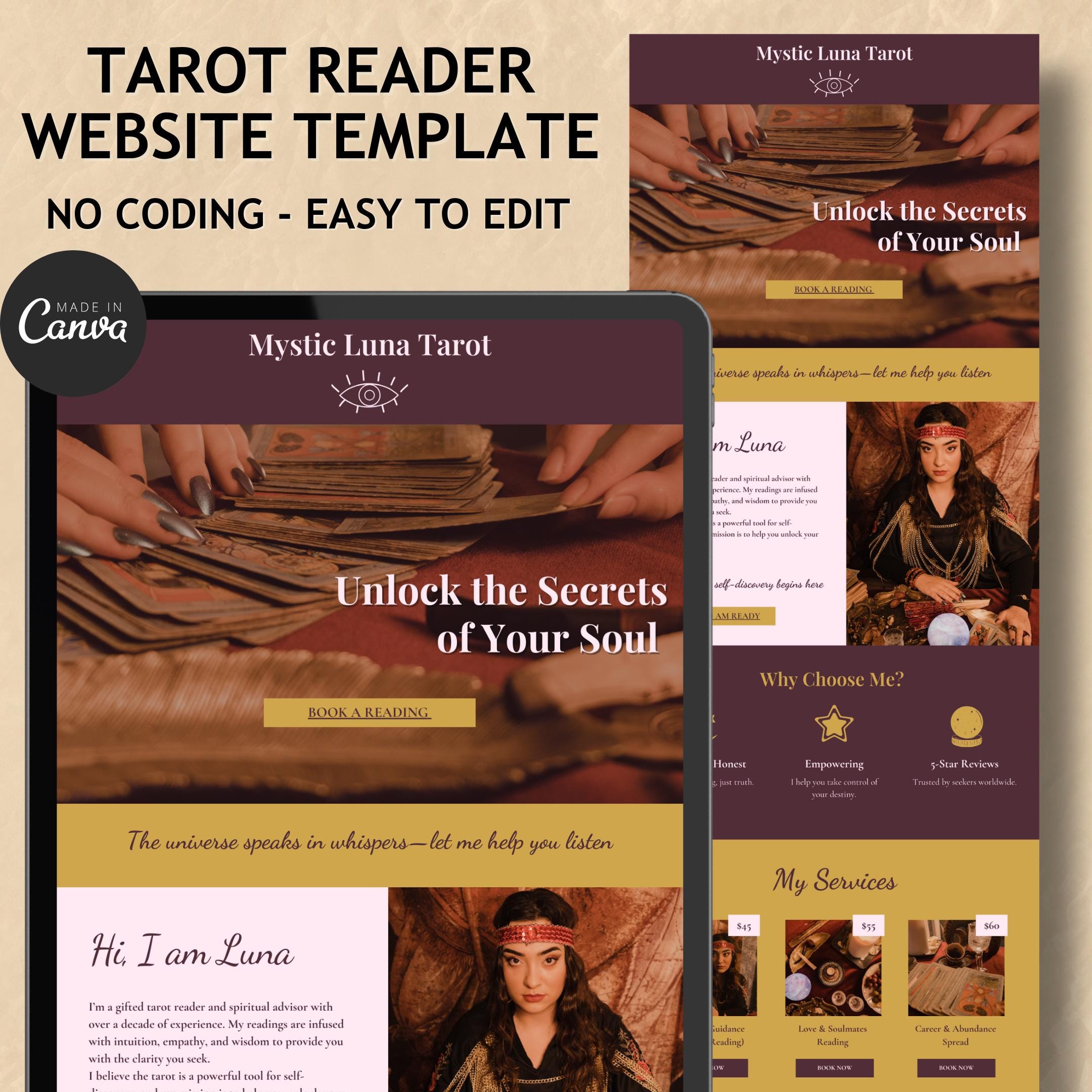 Tarot Reader Website Template for Psychics & Healers Editable Canva