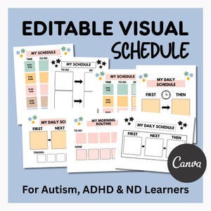 Modèles d'emploi du temps visuels modifiables pour enfants, autisme, TDAH et neurodivergents : outils de soutien, routines, tableaux « d'abord-ensuite » et cartes visuelles.