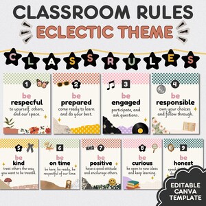May include: A set of nine classroom rules posters featuring a checkered pattern at the top and various icons like butterflies, records, and flowers. Each poster is numbered one through nine with text including be respectful, prepared, engaged, and responsible.