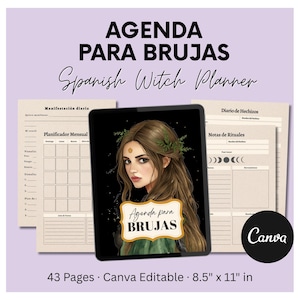 Puede incluir: Un planificador digital con el texto "AGENDA PARA BRUJAS Spanish Witch Planner" que presenta un retrato de una mujer con cabello castaño largo. El planificador incluye páginas para la manifestación diaria, la planificación mensual y notas de rituales. El planificador mide 21,59 cm x 27,94 cm y es editable en Canva.
