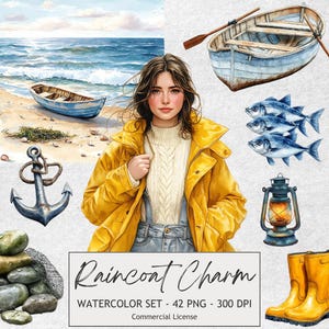 Fisherman Aesthetic Girl Clipart Watercolor Set Fishing Digital Art Nautical Illustrations Yellow Raincoat Beach Theme Designs Ocean Dock