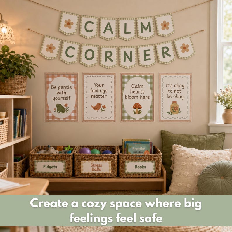 以下が含まれることがあります： CALM CORNERと書かれた2段のバナーと花の装飾がある落ち着いたコーナーの壁面装飾。4枚の額入りポスターには「Be gentle with yourself」「Your feelings matter」「Calm hearts bloom here」「It's okay to not be okay」というテキストが書かれています。