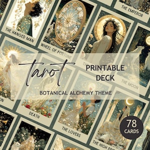 Utskrivbar tarotlek med botanisk alkemi, tarotkort i jugendstil, digital nedladdning, mall för canvas och kommersiellt bruk