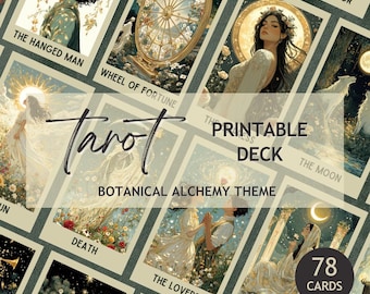 Printable Tarot Deck 78 Cards, Tarot Cards Printable Digital Download, Art Nouveau Botanical Tarot, Canva Template, Commercial Use
