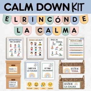 Puede incluir: Un conjunto de materiales educativos para un kit de calma. La imagen incluye carteles, cajas, cuadernos y cestas con texto en español. El kit presenta estrategias, posturas de yoga y controles emocionales, con un tema de arcoíris.