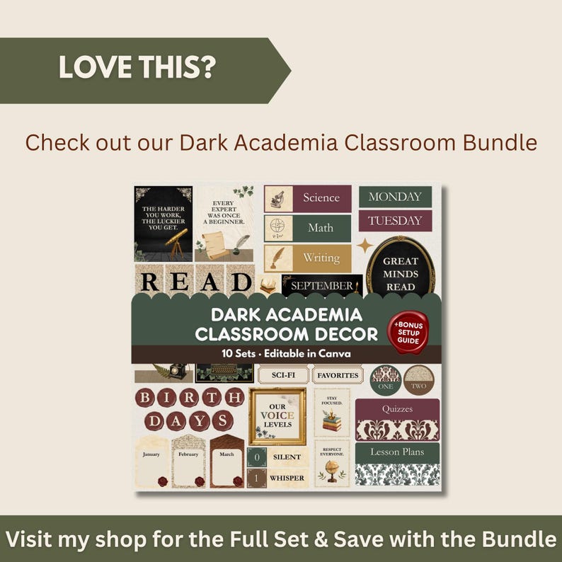 Puede incluir: Un conjunto de decoraci&oacute;n de aula digital con temas de dark academia con texto que incluye Dark Academia Classroom Decor, 10 Sets, Editable in Canva, Science, Math, Writing, September, Great Minds Read, Birthdays y Lesson Plans.