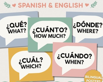 Spanish Question Words Posters | Bilingual Classroom Decor | Pastel Boho Palabras Interrogativas | Editable Canva | Dual Language