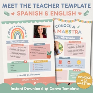 May include: A Meet the Teacher template in Spanish and English featuring a rainbow graphic, a photo placeholder, and sections for teacher information, favorites, and classroom rules. The design uses pastel colors with scalloped borders and text.