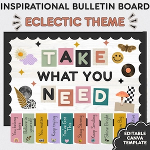 Neem wat je nodig hebt prikbord, inspirerende klasdecoratie, display met positieve affirmaties, eclectische retro printbare afbeelding voor leerkrachten, bewerkbaar
