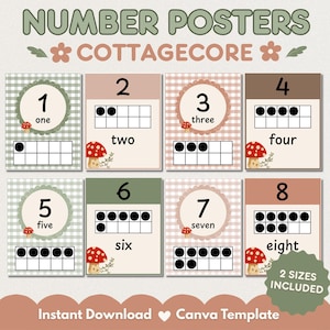 Cottagecore Number Posters 0-20 Classroom Decor | Ten Frame Cards | Editable Canva Template Printable