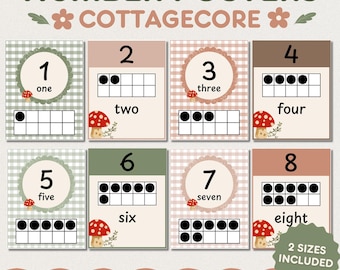 Cottagecore Number Posters 0-20 Classroom Decor | Ten Frame Cards | Editable Canva Template Printable
