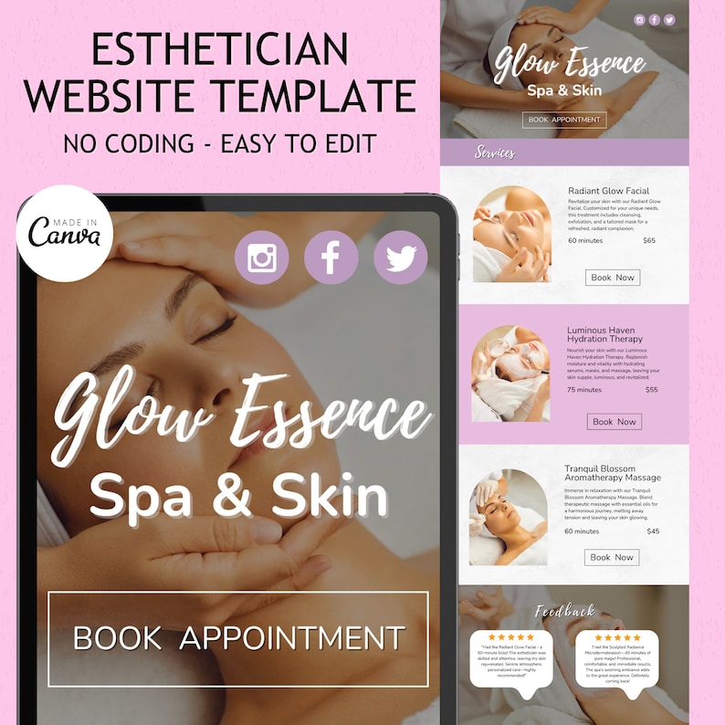 Esthetician Website Template, Canva Template for Spa, Salon, or Studio