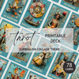 Talia Tarota do druku, 78 kart | Karty Tarota w formie kolażu, do pobrania w wersji cyfrowej | Szablon Canva, licencja komercyjna | Prezent Tarota, wróżenie
