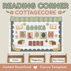Cottagecore Reading Corner Display Editable Canva Template Classroom Library Decor Book Bin Labels Reading Posters Bulletin Board Kit