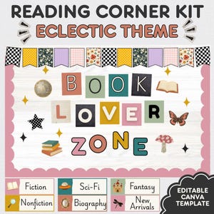 Puede incluir: Un kit digital para rincón de lectura con el texto READING CORNER KIT ECLECTIC THEME y BOOK LOVER ZONE. El diseño incluye banderines coloridos, una bola de discoteca, estrellas, una mariposa, un hongo e iconos de libros con etiquetas para Fiction, Nonfiction, Sci-Fi, Biography, Fantasy y New Arrivals.