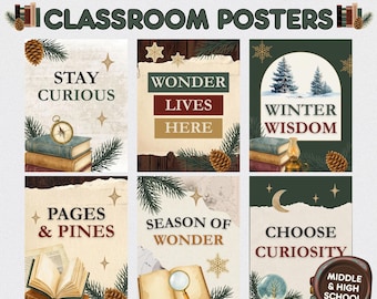 Winter Dark Academia Poster Set of 10, Editable Canva Classroom Decor, Middle High School Library Reading Posters, Printable Wall Art